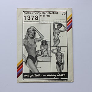 May include: A sewing pattern for color-blocked maillots, featuring four different styles. The pattern is number 1378 and is designed by Ann Person. The pattern includes instructions for sewing machines and sergers. Bust sizes range from 30 to 46 inches.