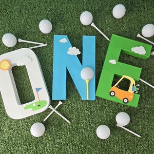 Golf paper mache letters ONE | 1st birthday party | hole in one | greens | photo prop | handpainted| party supplies