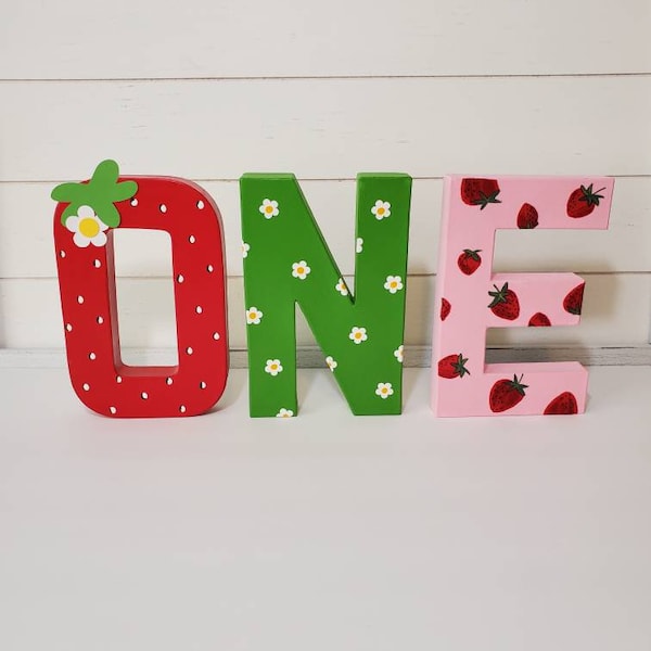 Strawberry letters ONE 1st birthday 3 piece set! berry cute handpainted 8 inch paper mache photo prop table display