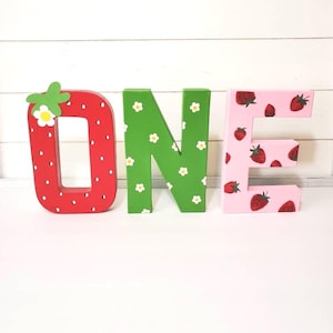 Strawberry letters ONE 1st birthday 3 piece set! berry cute handpainted 8 inch paper mache photo prop table display