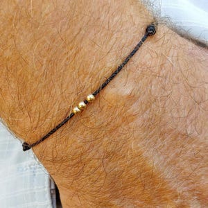 Mens Black Cord Bracelet with 14K Gold Beads, Adjustable Waterproof Gift