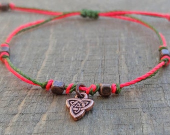 Womens Neon Pink Adjustable Waxed Cord Bracelet, Minimalist Summer Bracelet with Celtic Charm