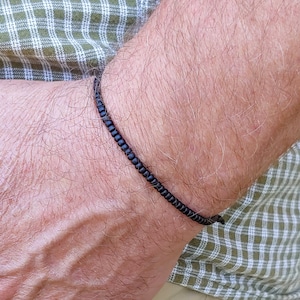 Men's Black Beaded Bracelet, Slim Bracelet for Men, Matte Black Seed Beads on Strong Waterproof Cord, Great Gift for Boyfriend, Father, Son