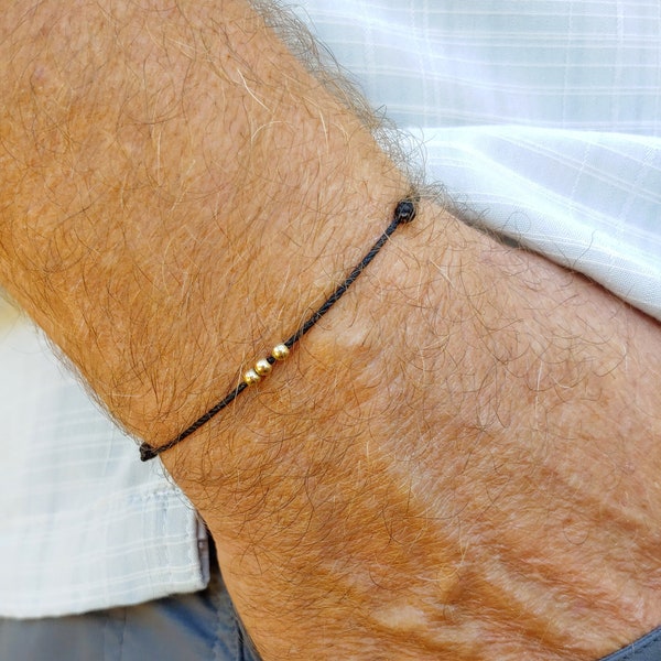 Black Cord & 14K Gold Bracelet for Men, Adjustable and Waterproof Men's Bracelet, Men's Gift