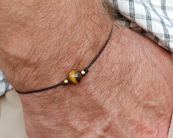 Men's Minimalist Tigers Eye and Gold Hematite Bracelet, Adjustable and Waterproof Unisex Tigers Eye Bracelet