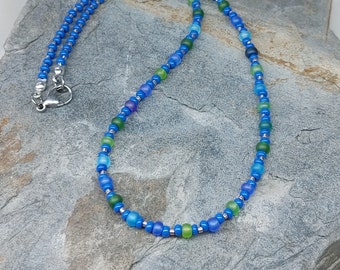 Women's Colorful Seed Bead Choker Necklace, Blue & Green Glass Beads, Surfer Beaded Necklace, Boho Summer Choker, Layering Choker