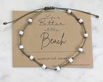 Adjustable Beach Anklet, Czech Glass Beads, Waterproof Summer Jewelry