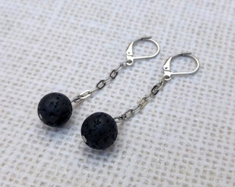 Lava Earrings, Stainless Steel, Oil Diffuser Earrings, Chain Earrings, Essential Oil Earrings, Aromatherapy Gift, Black Lava Earrings