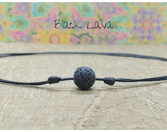 Black Lava Stone Choker Necklace, Adjustable Nylon Cord, Aromatherapy Diffuser