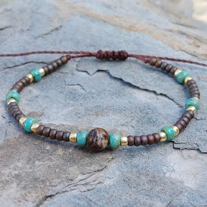 Earthy Colored Glass Bead Adjustable Cord Bracelet, Minimalist Slim Bracelet with Jasper Stone