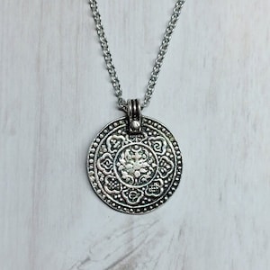 Mens Meditation Necklace, Silver Plated Buddist Pendant on 24&quot; Stainless Steel Chain, &quot;Eight Signs&quot; Necklace, Gift for Boyfriend, Husband