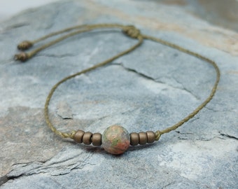 Mens Minimalist Stone Bracelet, Unakite Stone on Waterproof Cord, Simple String Bracelet, Gift for Boyfriend