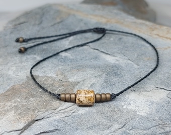 Mens Minimalist Stone Bracelet, Picture Jasper Stone on Waterproof Cord, Simple String Bracelet, Gift for Boyfriend