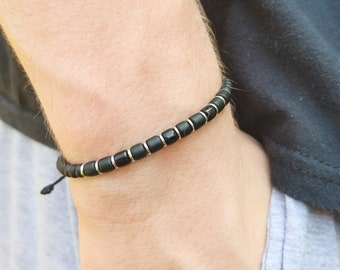 Men's Black Beaded Bracelet with Silver Spacers, Quality Black Beads on Strong Waterproof Cord, Minimalist Bracelet, Boyfriend, Father, Son