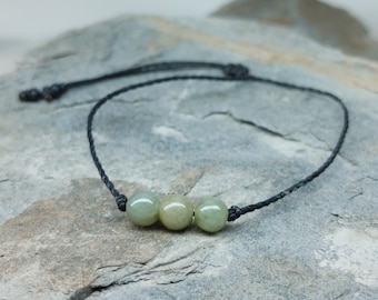 Minimalist Jade Stone String Bracelet, Three Natural Jade Stones on Black Waterproof Cord, Good Luck Jade Gift for Men & Women