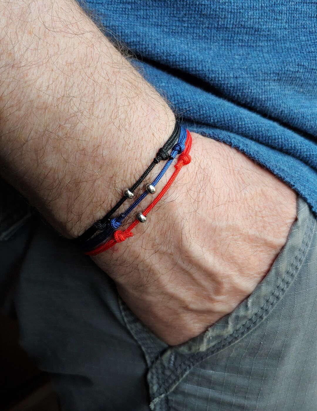 Mens String Bracelet Set With Stainless Steel Beads, Black, Blue, Red