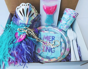 Mermaid Party in a Box, Mermaid Party Tableware, Mermaid Themed Party, Shell Necklace, Mermaid Crown