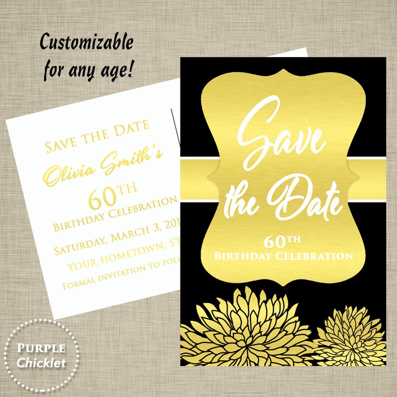 Birthday Save the Date Postcard 40th 50th 60th Birthday Gold Quincea\u00f1era Birthday Printable DIY Postcard 4x6 jpeg files 2