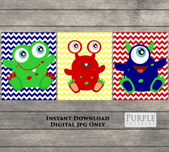 Kids Monster Wall Art Chevron Cute Monster Nursery Room Decor Etsy