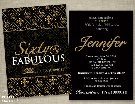 fleur de lis 60th birthday surprise party invitation gold and etsy