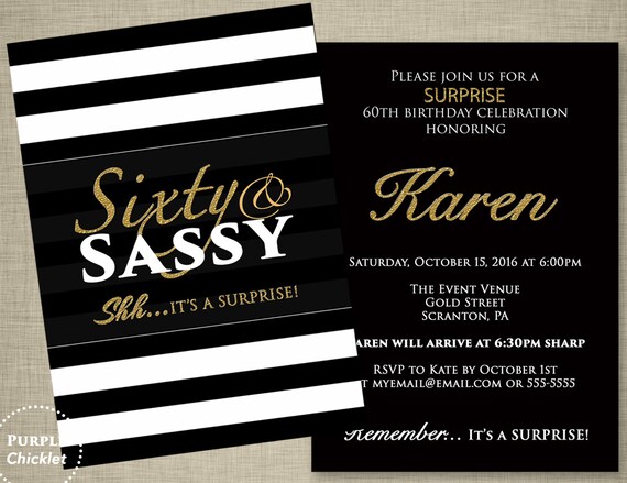 sixty and sassy 60th birthday surprise party invitation gold etsy