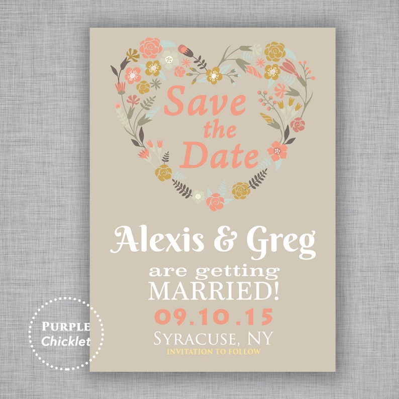 28 Coral Wedding Invite Engagement Party Save the Date Floral Heart Wreath Spring Fall Invitation Digital Invite JPEG file 300Dpi
