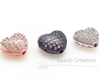 Heart Bead, CZ Micro Pave Heart Shape Beads, Cubic Zirconia, Heart Jewelry, Heart Bead for Necklace Bracelet Jewelry Making, 11x10mm, BD641