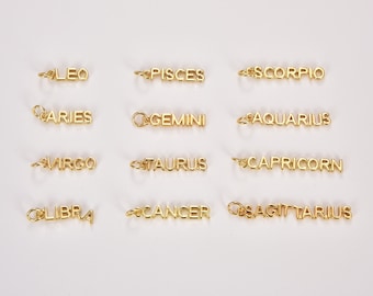 Gold Zodiac Constellation Charms, Gold Filled Over Brass Astrology Words Charms, Horoscope Charm, Add On Charm for Bracelet Necklace, CP1489