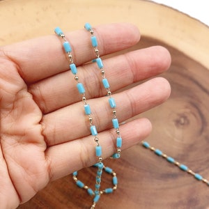 Light Blue Faceted Rectangle Beaded Chain 14K Gold Filled, Crystal Beaded Chain, Bulk Chain, 5x3mm, CH024B