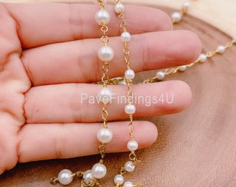 24K Gold Filled Charm Chain by Yard White Pearl Chain Chain-433 Baroque Mother Pearl Paper Clip Link Chain by Yard