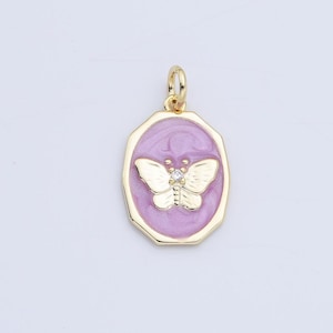 Dainty Oval Shape Butterfly Insect Charm, Gold Filled Purple Enamel Butterfly Pendant for Necklace Bracelet Jewelry Making Supply, CP2169