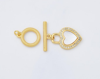 Fecho de alternância em forma de coração, fecho de alternância banhado a ouro com pérolas e zircônias cúbicas cravejadas (1 conjunto) para confecção de colares e pulseiras, CL602