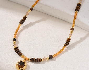 Tiger Eye Beaded Necklace, Dainty Brown Gemstone Choker with Pendant in Gold Filled, Earthy Crystal Jewelry, Minimalist Boho Style, NL080