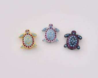 Gold Filled Turtle Bead, Pave CZ Sea Turtle Bead, Colorful Rhinestone Turtle Charm for Bracelet Necklace Jewelry Making Supply, BD813