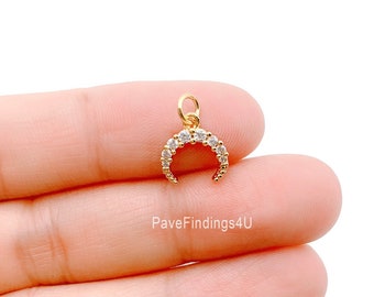 Ciondolo a forma di mezzaluna in oro 18 carati, ciondolo a forma di luna con micro pavé di zirconi cubici, ciondolo a forma di mezzaluna in oro, corno con pavé di zirconi cubici, 14 x 10 mm, CP1050