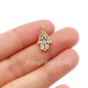 Ciondolo a forma di mano di Hamsa riempito in oro 18 carati con zirconi cubici arcobaleno, mano di Fatima, ciondolo Hamsa, ciondolo Hamsa, collana Hamsa, 17 x 9 mm, CP862