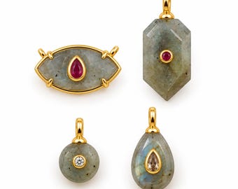 Gold Filled Labradorite Pendant, Natural Gemstone Charm with Ruby CZ, Evil Eye, Round and Teardrop Stone Pendant for Jewelry Making, LOT055