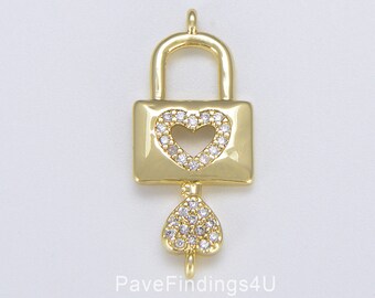 Connettore con ciondolo a forma di lucchetto e chiave a forma di cuore in oro 18 carati, ciondolo con micro pavé di zirconi cubici e ciondolo a forma di chiave per collana importante, CN402