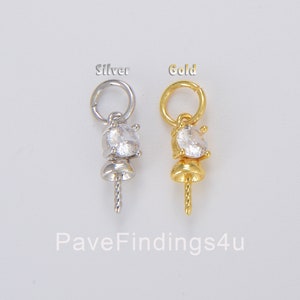 24K Gold CZ Pendant Clasp Pearl Bail Eye Pins, CZ Micro Pave Bail with Pin, Peg Bail Eye Pin Cap for Half Drilled Pearls, CP1059