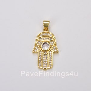 18K Gold Hamsa Hand CZ Micro Pave Charm Pendant, Hamsa Hand Charm, Hamsa Hand Pendant, Hamsa Necklace, Hamsa Hand, 15x32mm, CP142