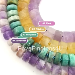 May include: A close-up of a strand of gemstone beads in a rainbow of colors. The beads are round and have a smooth, polished finish. The colors are pink, yellow, green, and lavender. The beads are labeled with numbers and names: #1 Pink, #2 Citrine, #3 Turquoise, #4 Lavender. The text "PaveFindings4U" is also visible in the image.
