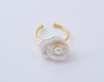 Baroque Pearl Rose Flower Ring, Adjustable Gold Filled Open Band Ring Natural Pearl Petal Design, Elegant Statement Jewelry for Women, RG236