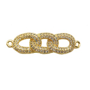 May include: Gold-toned jewelry connector featuring three interlocking oval links, each encrusted with small, clear crystals. The connector has small loops on each end for attachment, set against a white background.