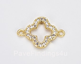 Conector de trébol de cuatro hojas, dije de trébol de circonita cúbica micropavé de oro de 18 quilates, conector de trébol de oro para pulseras, collares y joyas, 13 x 17 mm/ CN008A
