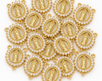 20PCS Gold Filled Virgin Mary Charm, CZ Religious Medal Pendant, Mother Mary Connector, Rhinestone Prayer Charm for Jewelry Making, CN403