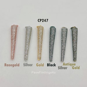 May include: Six cone-shaped charms with a pave setting in rose gold, silver, gold, black, antique silver, and antique gold. The charms are labeled with their respective colors. The image text reads "CP247 PaveFindings4u".