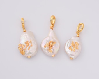Gold Filled Baroque Pearl Pendant with Gold Flakes, Irregular Freshwater Pearl Charm for DIY Jewelry, Necklace Making, Gift for Her, CP2240
