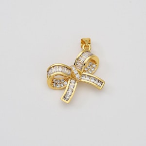 Gold CZ Ribbon Bow Charm, Gold Filled Dainty Bow Pendant for Bracelet Necklace Earring Jewelry Making Supply, Personalized Gift, CP2033