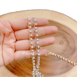 18K Gold White shell Pearl Beaded Chain, Pearl Chain by Foot, Wholesale bulk Roll Chain for Necklace Bracelet Jewelry Making, 3mm, CH168