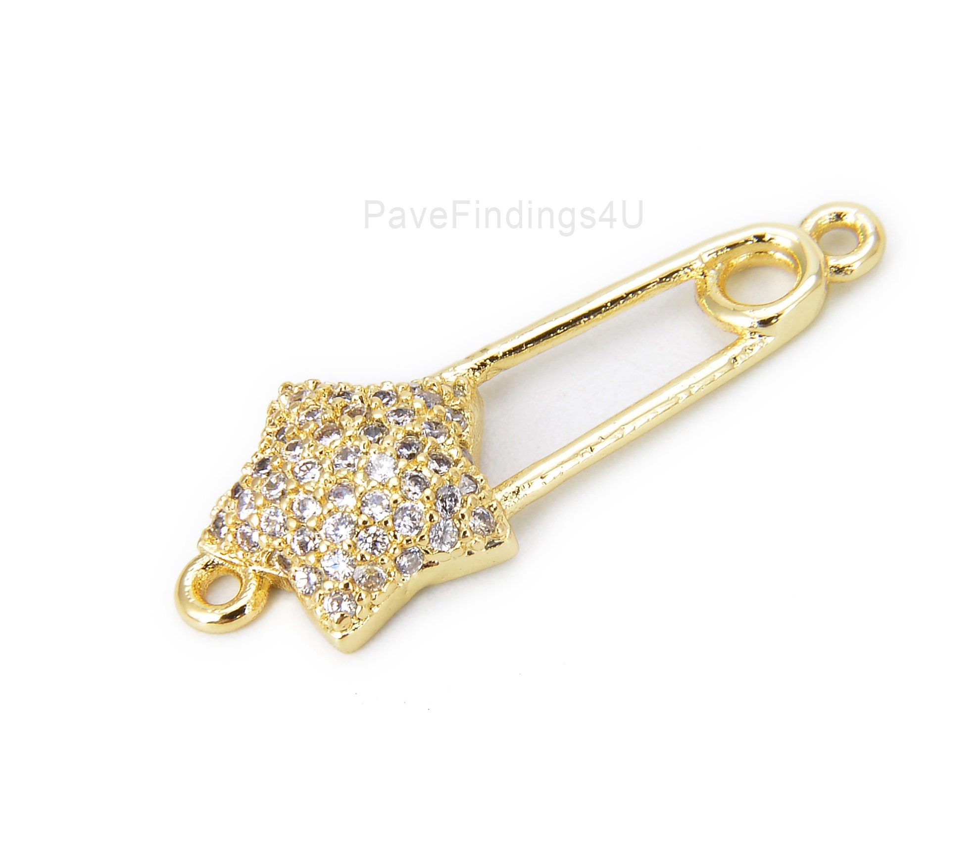 Star Safety Pin Connector, 18K Gold CZ Micro Pave, Safety Pin